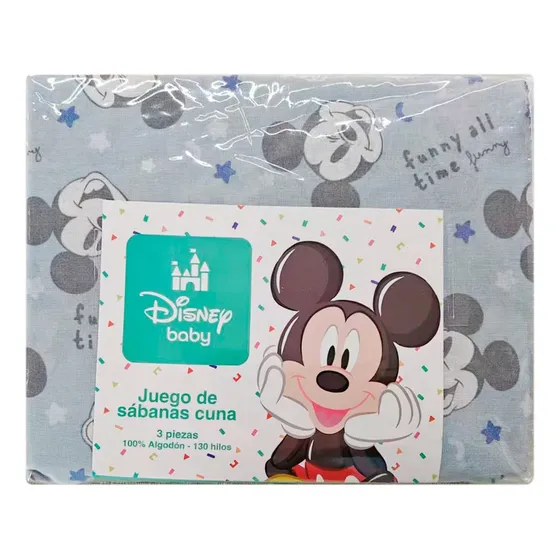 Juego Sábanas Para Cuna 130 Hilos Mickey 100% Algodón Color Azul Acero