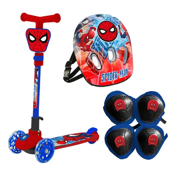 Monopatin Spiderman + Caso Y Kit Proteccion Plegable Con Luz