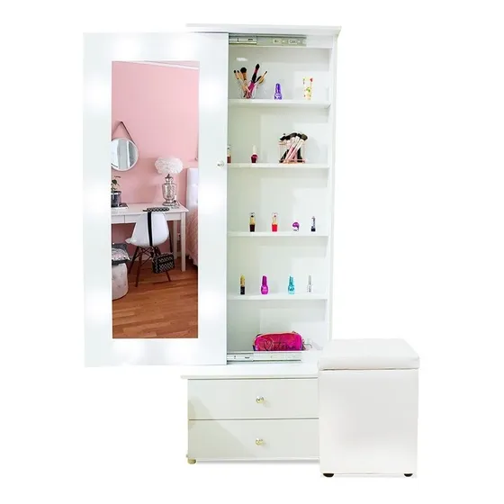 Peinador Tocador/ Peinador En Madera Con Luces + Puff  Blanco