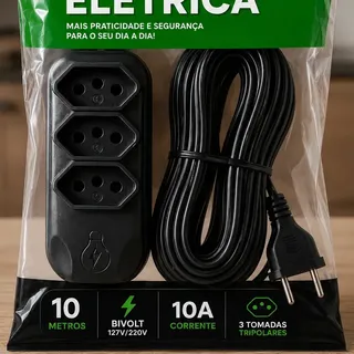 Extensão Elétrica 10 Metros com 3 Tomadas Bivolt 10A Preta Bestcon