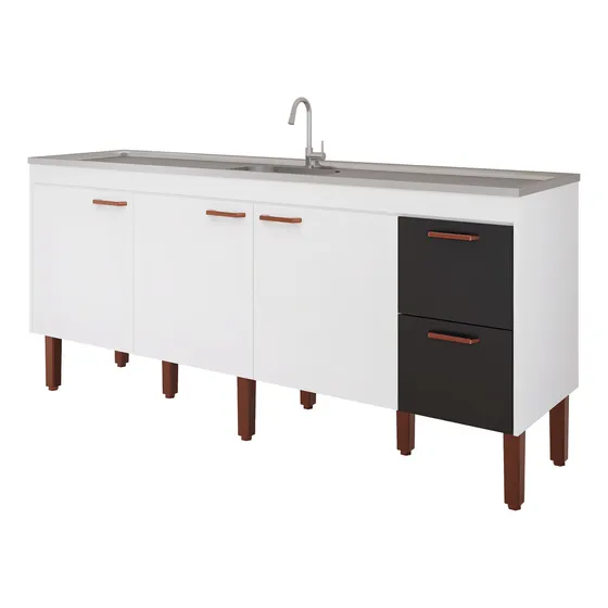 Balcão Armário Cozinha Gabinete P/ Pia 200cm 2m Cor Preto/branco