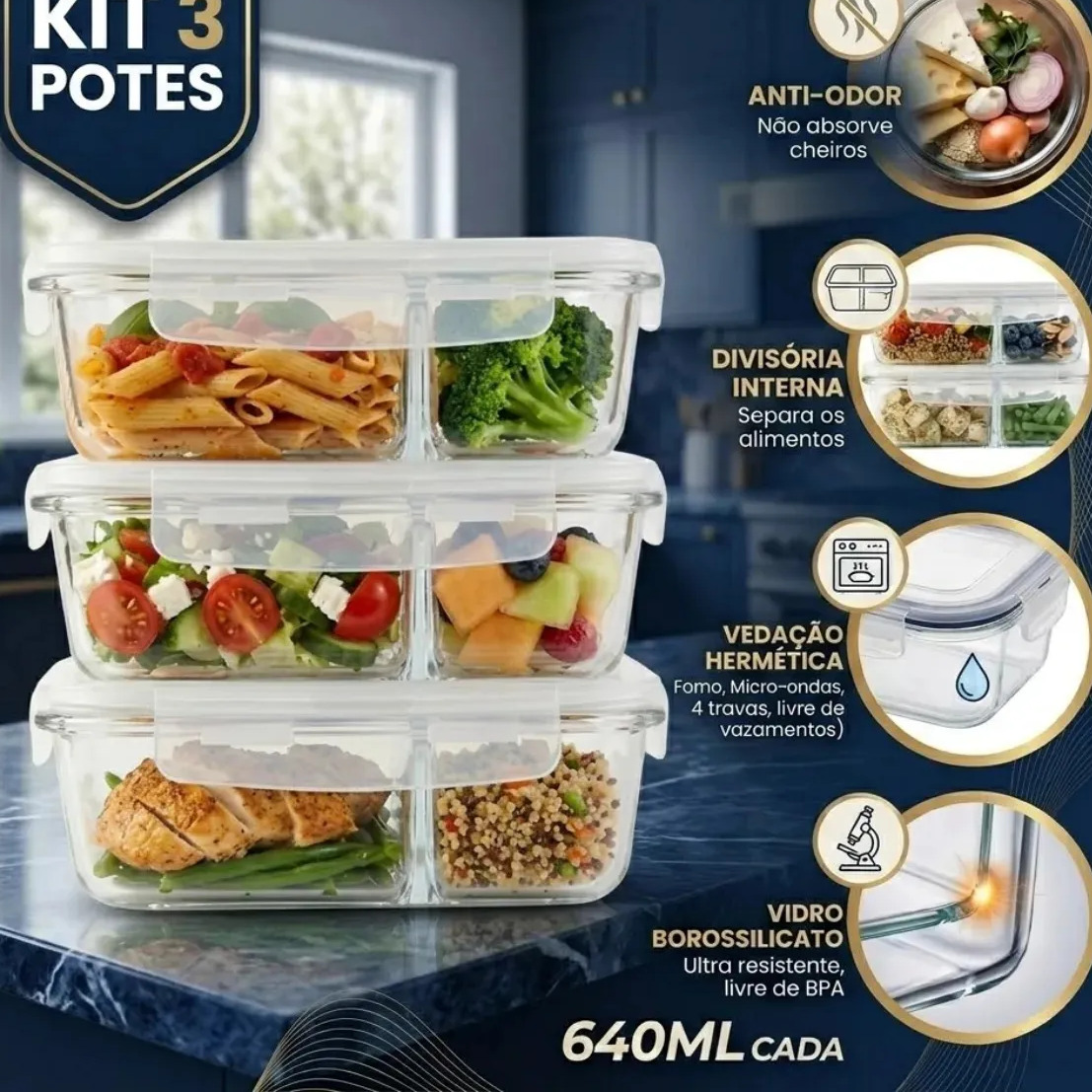 Kit com 3 potes de vidro borossilicato de 640ml, empilhados, contendo diferentes tipos de alimentos em divisórias internas, com detalhes técnicos sobre vedação e material ao lado.