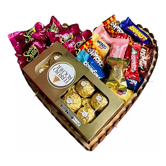 Cesta Premium Coração C/ Chocolate Nestle E Ferrero Rocher