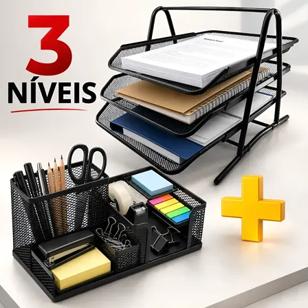 Organizador Documentos Papel Folha A4 + Canetas Notas Clips Preto