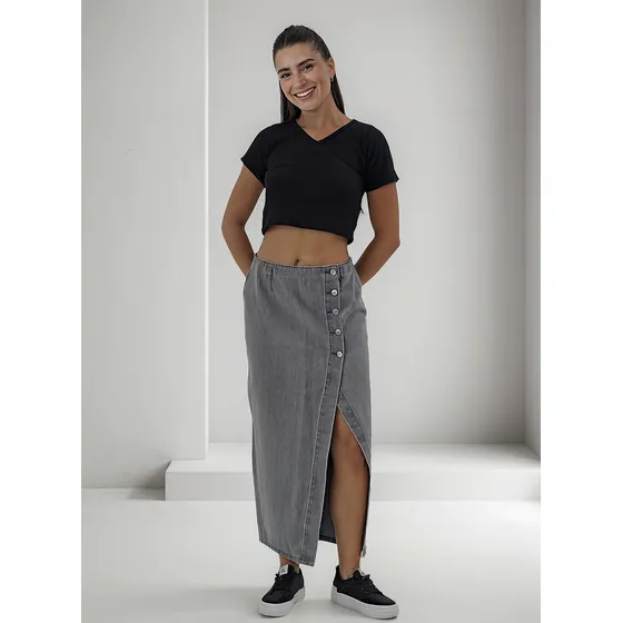 Pollera Larga De Jean Falda Denim Talles Gris Celeste