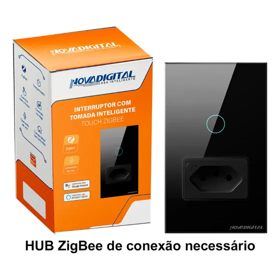 Interruptor Inteligente Com Tomada Zigbee 1 Tecla Botão Touch Novadigital Tuya Alexa Google Smart Life 127/220V Preto HUB ZigBee Necessário