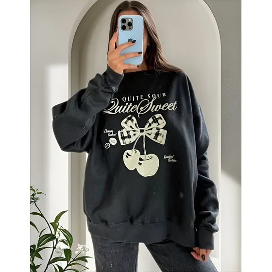 Buzo Oversize Frisa Estampado Cerezas Mujer Nylon