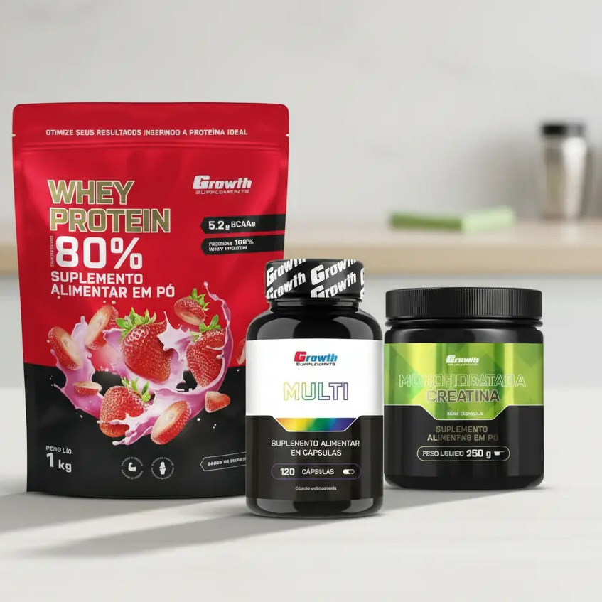 Kit Growth: Whey Protein Morango 1kg + Multivitamínico 120 Cáps + Creatina Monohidratada 250g Kit Growth: Whey Protein Morango 1kg + Multivitamínico 120 Cáps + Creatina Monohidratada 250g