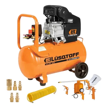 Compresor de Aire 50 Litros + Kit y Accesorios Maneko Manguera 10mts Naranja 50hz Monofásica