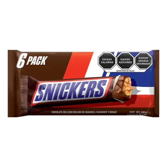 Snickers Chocolate Leche Relleno Caramelo/cacahuate 6pzs