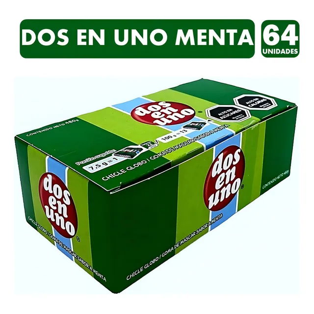 Chicle Dos En Uno Menta Display 64 Unidades
