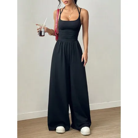 Macacão Longo Feminino Casual Pantalona Com Alça Fina Dupla