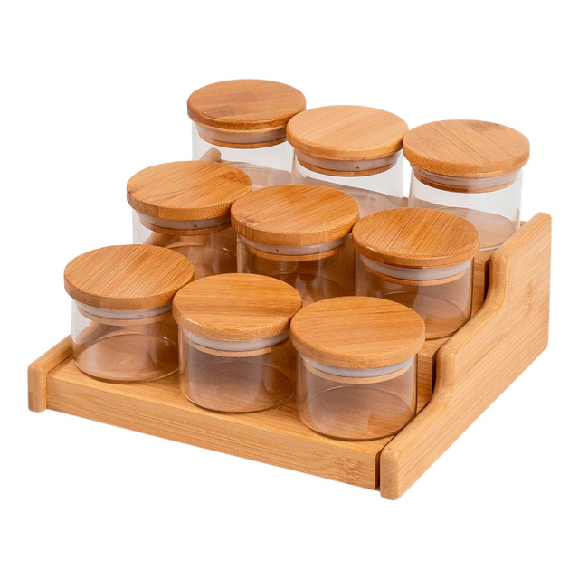 Kit 9 Potes 110ml Tampa Bambu E Rack Organizador Bambu Oikos Kit 9 Potes 110ml Tampa Bambu E Rack Organizador Bambu Oikos