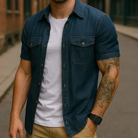 Camisa Jeans Masculina Social Casual Com Botões Slim