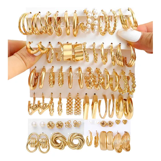 Aretes De Oro 35 Pares Pendientes Arracadas Para Mujer Moda