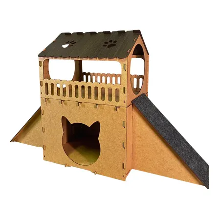 Casa Para Gatos Mdf Dois Andares 2 Rampas Arranhador Marrom-claro