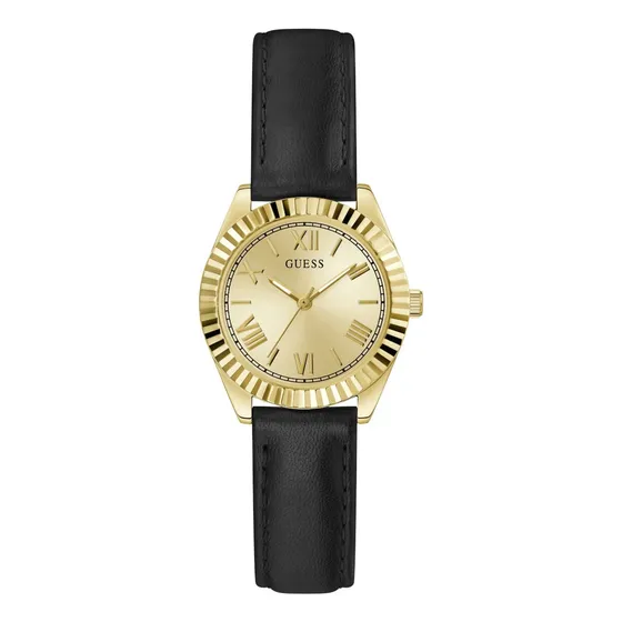 Reloj Pulsera Guess G89125l1 Con Correa De Piel Color Negro - Fondo Dorado