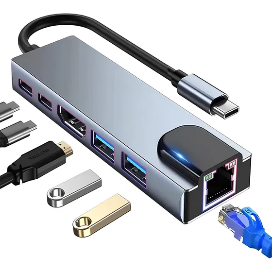 Adaptador Hub Tipo-c 6 Em 1 / Hdmi, 2x Usb, Lan E Tipo-c Cor Cinza-escuro