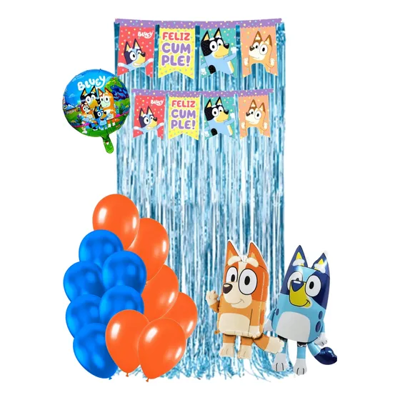 Combo Cumpleaños Más Globo Metalizado Bluey 60cm Celeste