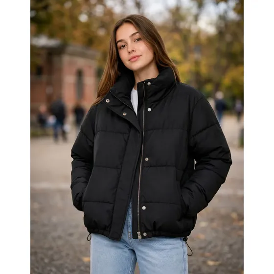 Jaqueta Puffer Feminina Forrada Com Bolso Zíper E Botão