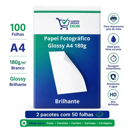 Papel Fotográfico Glossy 180g A4 Branco 100 Folhas Brilhante Jato De Tinta Fotos Convites
