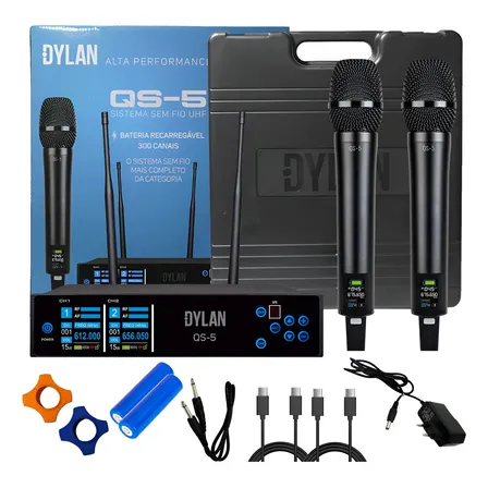 Microfone Sem Fio Duplo Dylan Qs-5 Profissional V2025 Full Preto