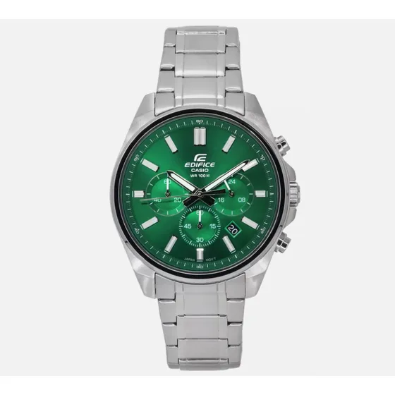 Reloj Casio Edifice Efv650d Azul Analogo Crono Fecha Wr100m Correa Plateada Bisel Plateado Fondo Verde