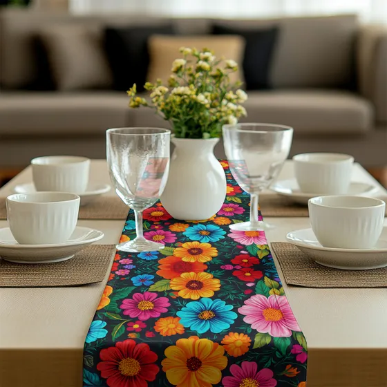 Camino De Mesa Floral Oaxaca Colores Decorativo 180x35cm Color Lino Curri Blanco Cálido Fondo Negro