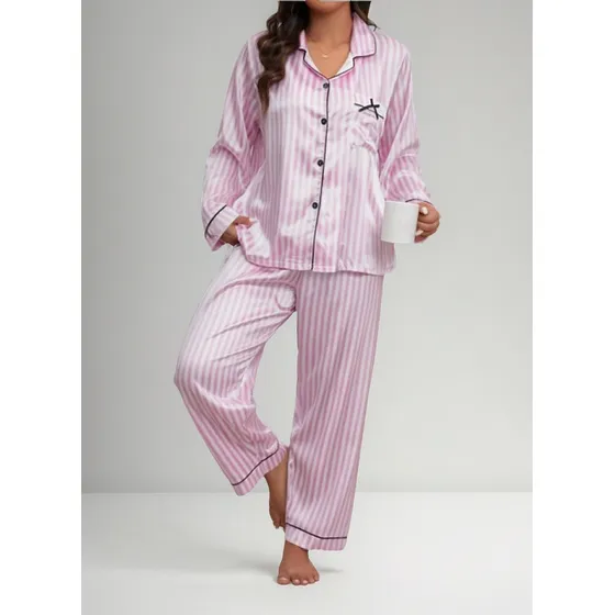 Pijama Largo Mangas Largas Raso Rayas Talle Grande Curvy