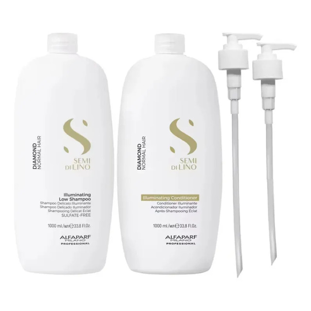 Kit Alfaparf Semi Di Lino Diamond com um frasco de shampoo de 1 litro, um frasco de condicionador de 1 litro e duas válvulas pump brancas separadas ao lado.