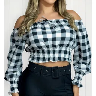 Camisa Feminina Xadrez Blusa Cropped Manga Longa Junina Camisa Feminina Xadrez Blusa Cropped Manga Longa Junina