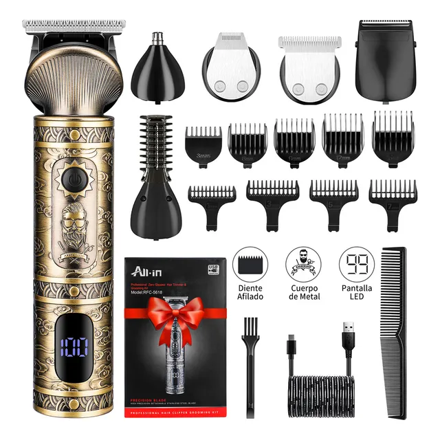 All-in® Rasuradora Electrica Cortadora de Pelo Profesional Afeitadora de Barba Nariz Máquina Para Cortar Cabello Recargable 6 En 1 Kit Regalo Hombre B-0725 Dorada 110V/220V