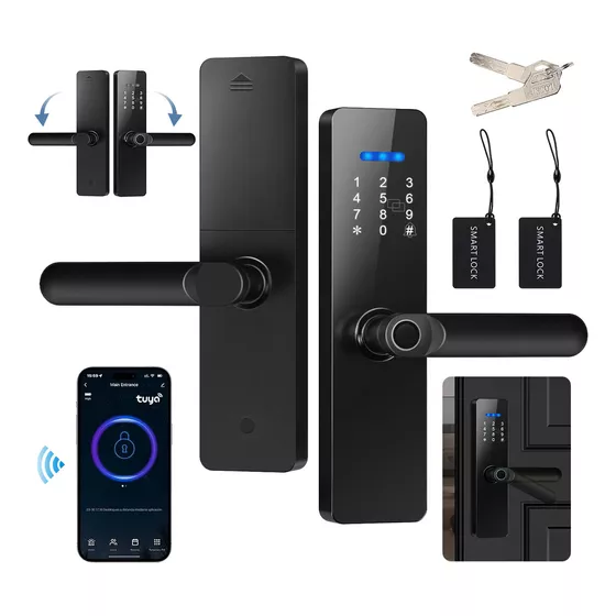 Chapa Cerradura Inteligente Electrónica Tuya Wifi 5 Maneras Códigos Huellas Llave Tarjeta Tuya App Espesor De La Puerta Recomendado 40-65mm Color Negro