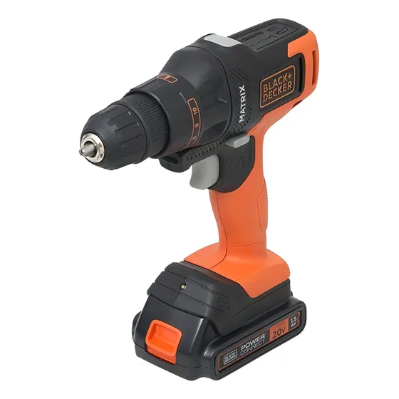 Taladro atornillador inalámbrico de 10mm Black+Decker MTX20K6A 20V + 1 batería de 1.5Ah + accesorio con maletín de transporte 220V