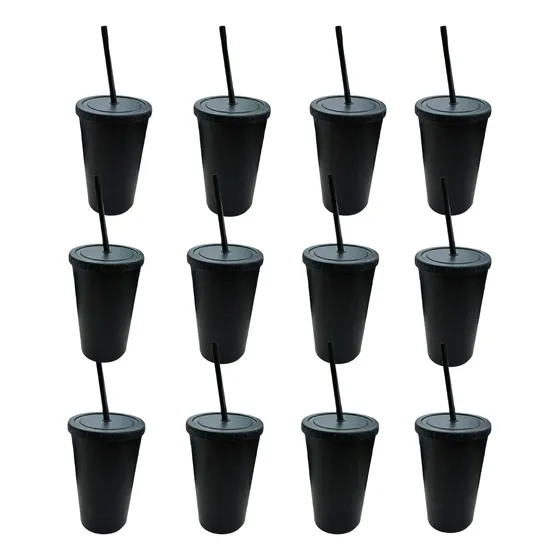 Vaso Plástico Duro Con Tapa Y Sorbete X12 Unidades