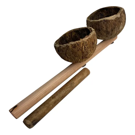 Agogo Duplo De Castanha Artesanal + Baqueta De Madeira