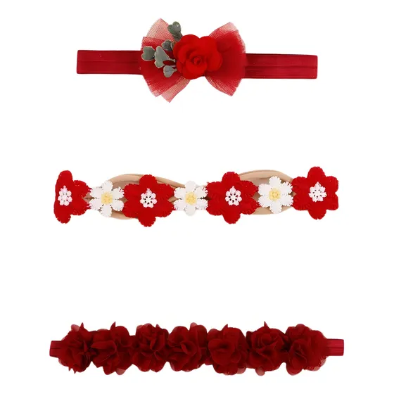 Kit Tiaras Faixas Para Bebês Crianças Newborn Flores Arranjo Cor Vermelho