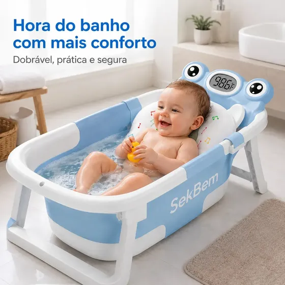 Banheira de bebê dobrável flexível com termômetro e almofada de banho azul