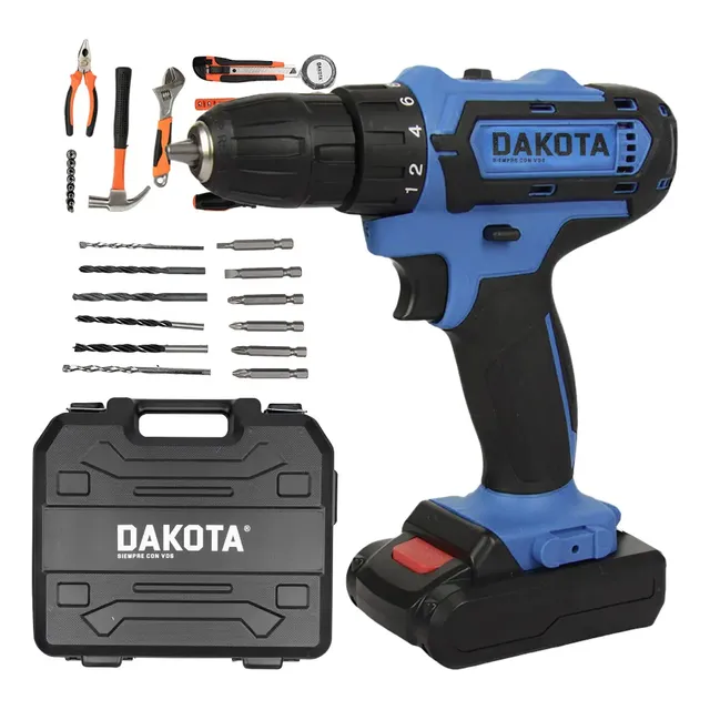 Taladro Destornillador Inalámbrico Dakota 21v + Batería + Set Herramientas Hogar Azul