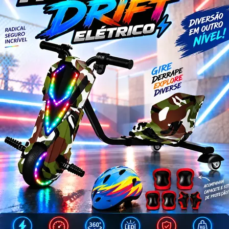 Patinete Triciclo Infantil Drift Elétrico Brinquedo 100kg Verde Desenho Militar