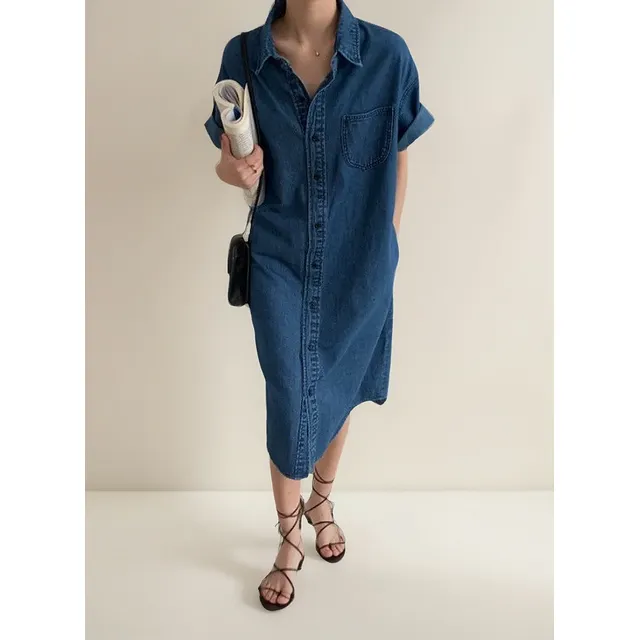 Vestido Camisero De Mezclilla Con Paleta Y Falda Larga