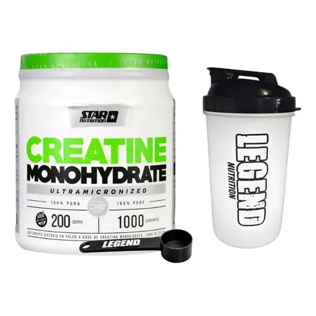 Creatina Star Nutrition 1 Kg Monohidrato Micronizada Sabor Sin Sabor Vaso Legend Nutrition y Scoop