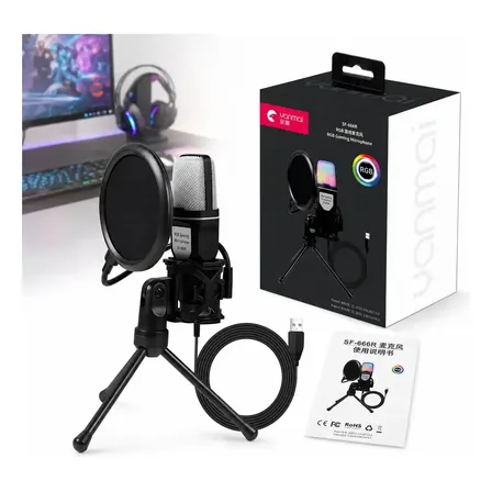 Microfono Yanmai Sf-666r Usb Rgb Streaming Gamer Color Negro