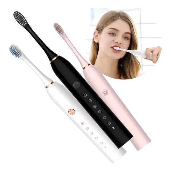 Escova Dental Eletrica Ultrassônica + Refis Cor Rosa, Branco e Preto