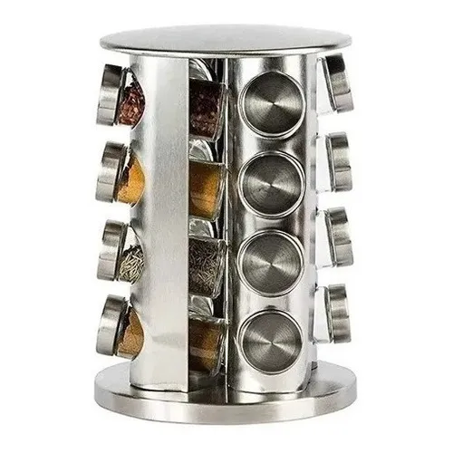 Porta Tempero Inox 16 Potes Vidro + Base Giratória 360° - Organizador de Cozinha Prático e Elegante para Condimentos