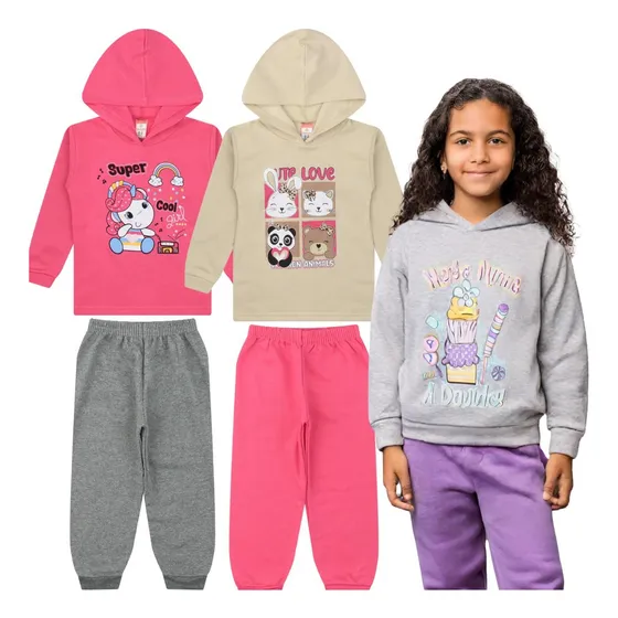 Kit 02 Conjunto Moletom Infantil Menina 1 Ao 8 Com Capuz A