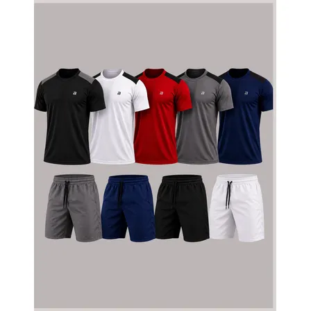 Kit 9 Peças Dry Fit Masculino 5 Camisas 4 Bermudas Premium Multicolorido Dry-liso G