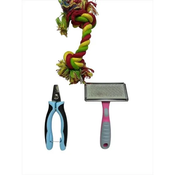 Kit Mascotas: Cepillo Raqueta, Cortaúñas Y Mecate Dental