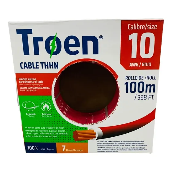 Cable Electrico 10 Awg Rojo 7 Hilos Rollo 100m Marca Troen