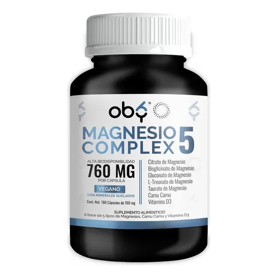 5 Magnesios: Citrato Magnesio, Glicinato Magnesio, Treonato, Taurato, Gluconato | + Camu Camu Y Vitamina D3 | Magnesio Complex Vegano | Suplementos Vitaminas Oby 180 Capsulas